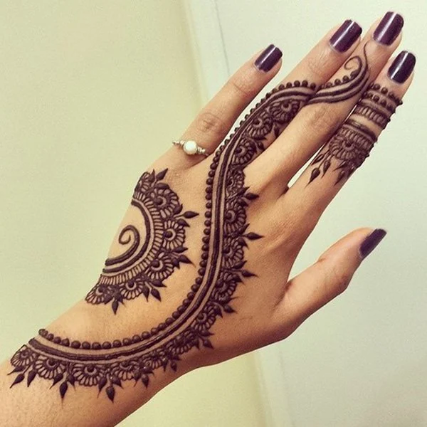 Intricate henna tattoo design on the back of a hand